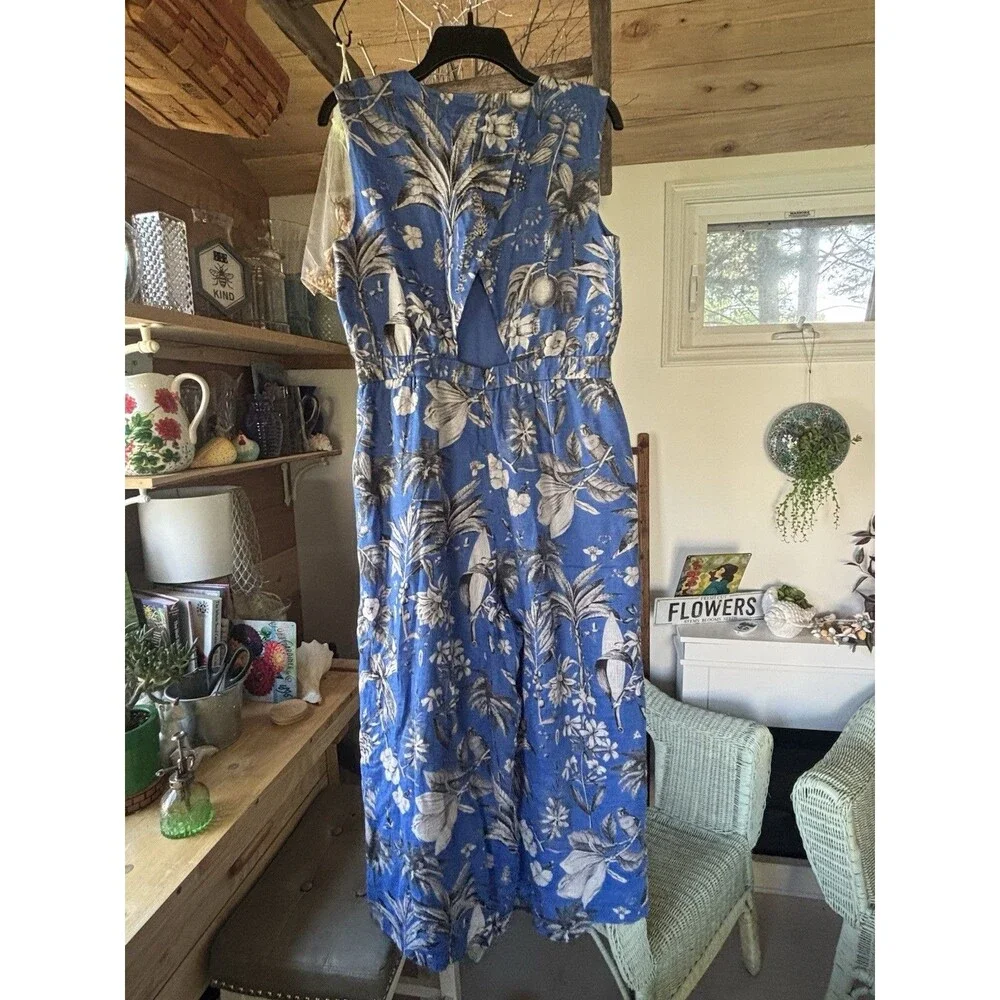 J crew Tropical Blue Linen Romper Cross Back Rainforest Birds 10 100% linen